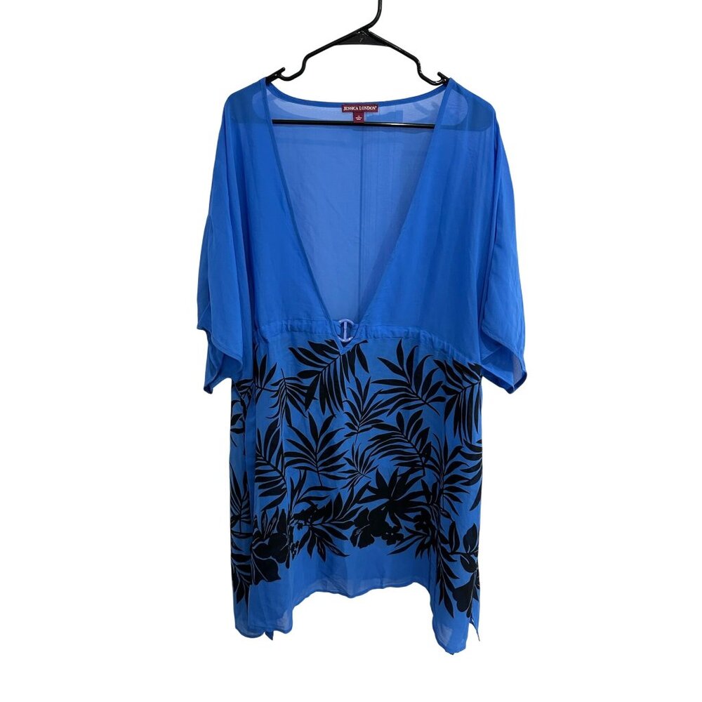 Jessica London Blue Sheer Tunic Top Black Floral Print Deep V Neck Size 24W
